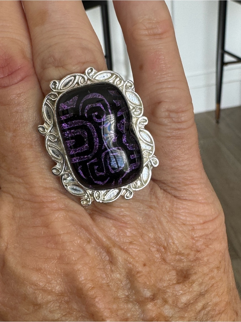 Handcrafted Purple Glass Statement Ring with Ornate Silver-Tone Frame